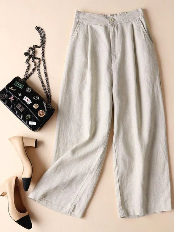 Pleated Wide-Leg Linen Trousers | Stretchable Waist | Breathable Fabric