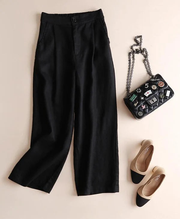 Pleated Wide-Leg Linen Trousers | Stretchable Waist | Breathable Fabric
