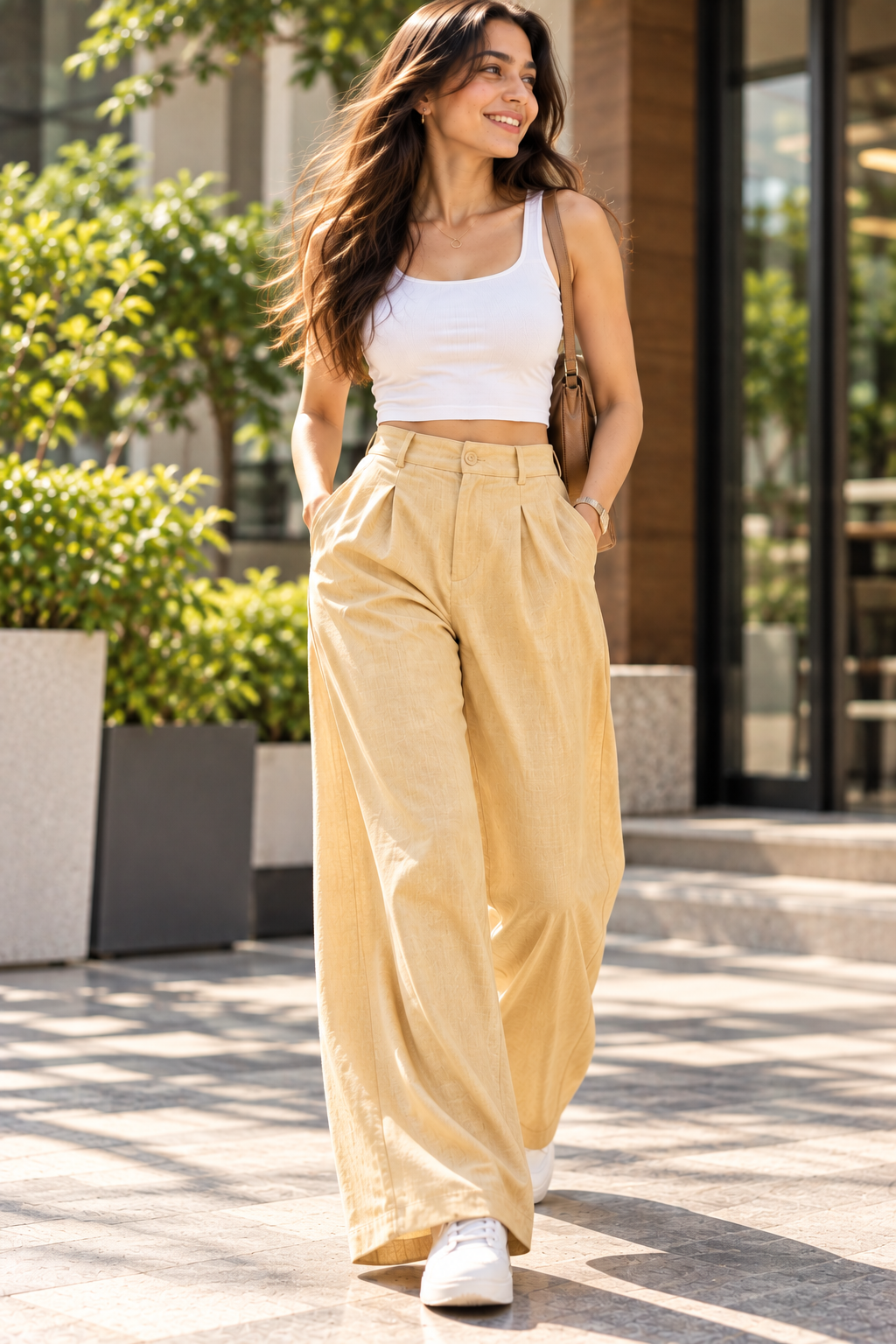 Pleated Wide-Leg Linen Trousers | Stretchable Waist | Breathable Fabric