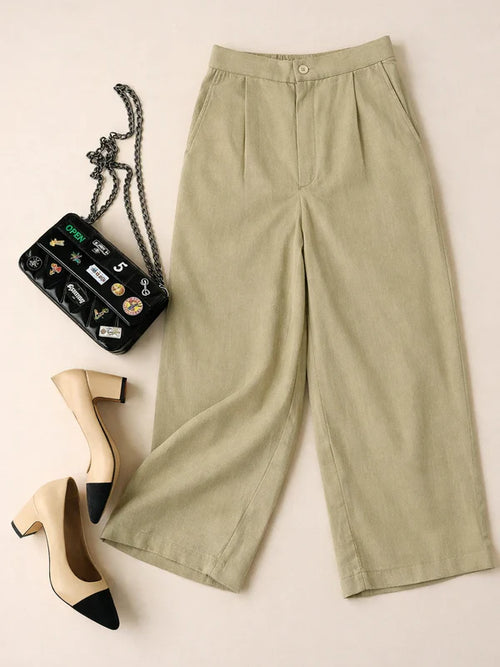 Pleated Wide-Leg Linen Trousers | Stretchable Waist | Breathable Fabric